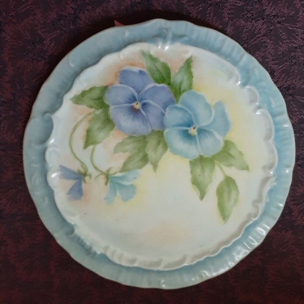 vintage Hand painted blue flower ceramic wall plate painting art pansy porcelain - Picture 2 of 9